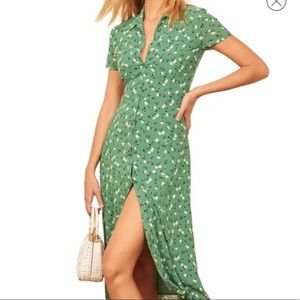 Reformation Green Floral Shelia Midi Shirt Dress